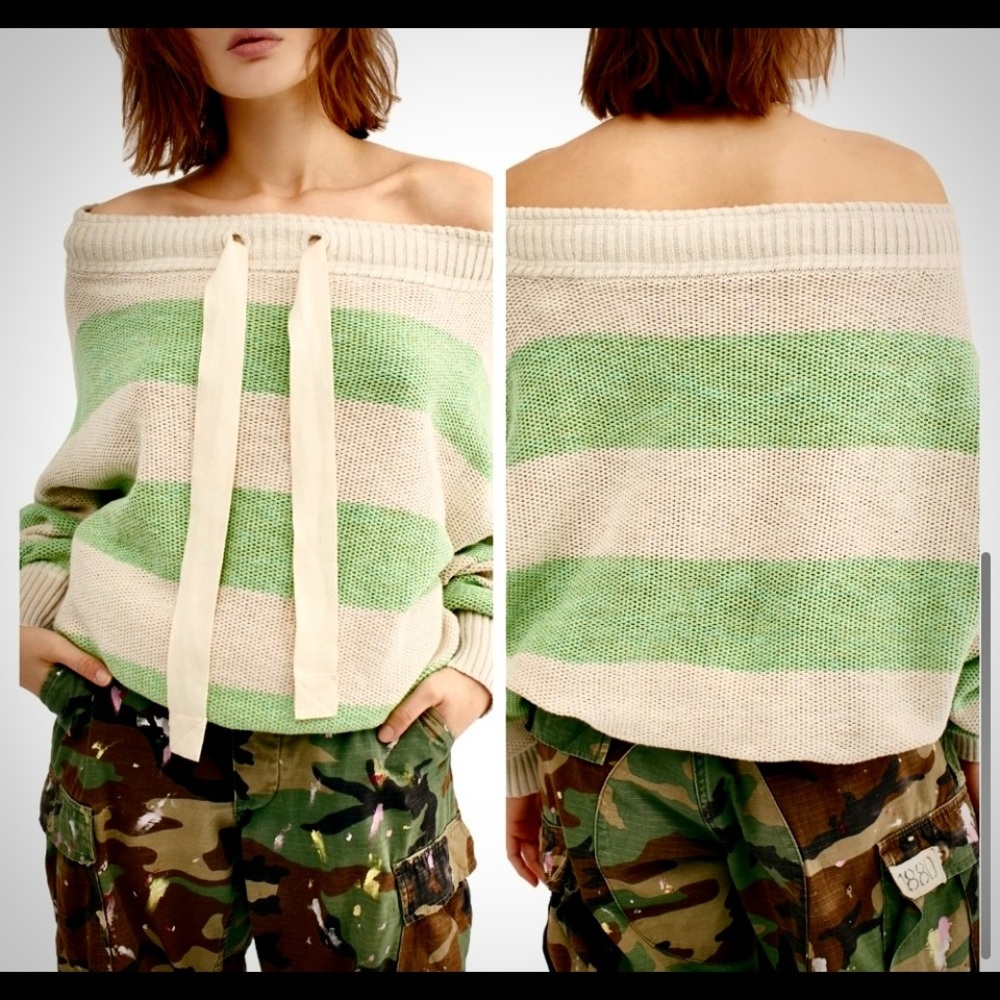Comfy & super cute, off shoulder, green/wh,Free People Sweater w/ribbon detail
